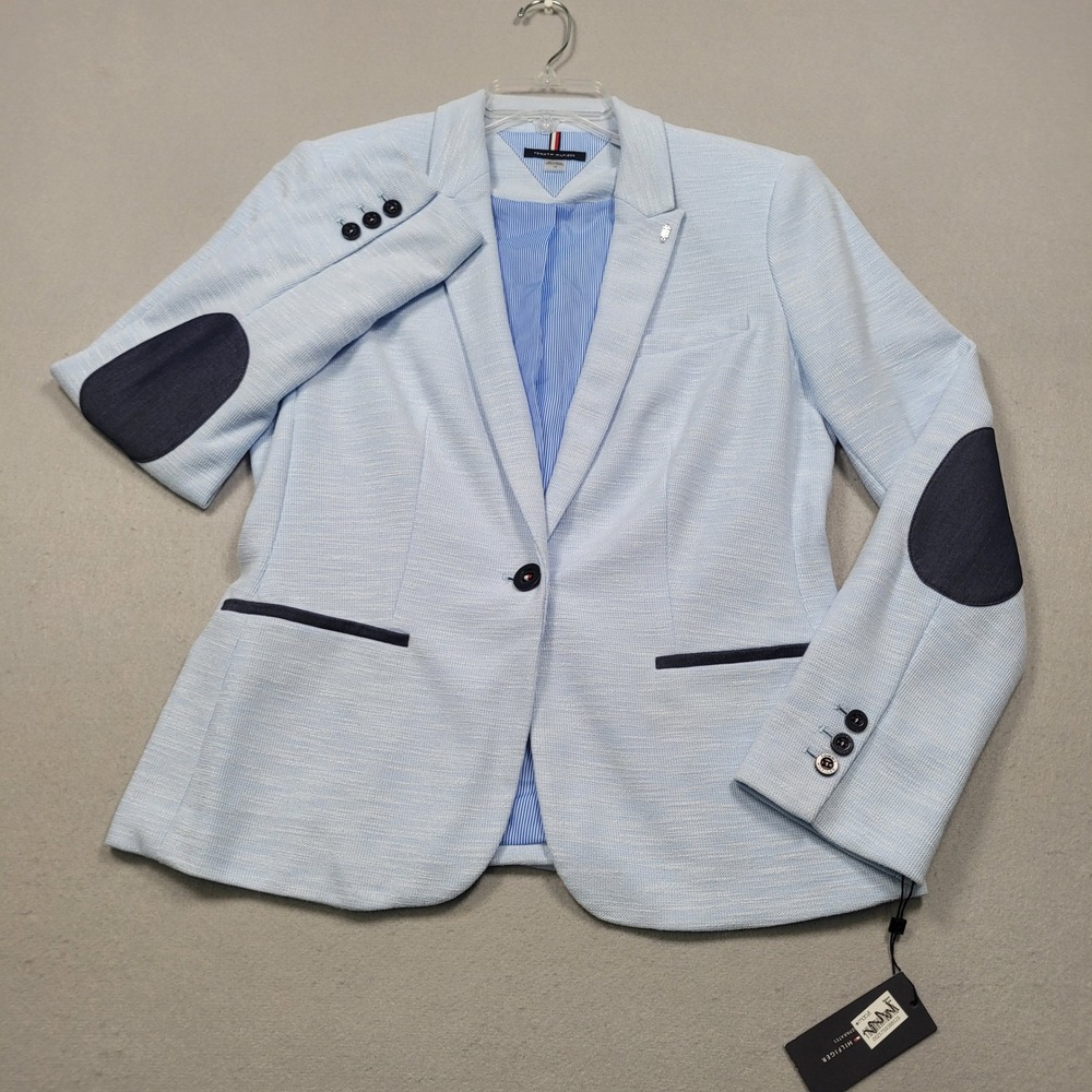 Tommy Hilfiger Womens Light Blue Textured One Button Blazer Jacket Size 10 NEW
